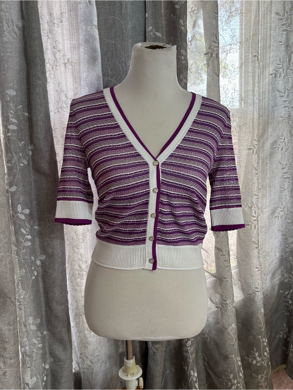 Striped Purple & White V-Neck Button Cardigan Sweater